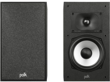 Kolumna głośnikowa Polk Audio Monitor XT20 w kolorze czarnym, widok z przodu i z boku, głośnik wysokotonowy i niskotonowy, obudowa drewniana w kolorze czarnym