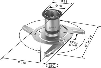 Vogel's VPC 545 metalholder til loftmontering af videoprojektor, set oppefra med mål i millimeter, 360° rotation