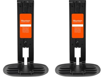 Deux supports muraux noirs Mountson pour enceintes Sonos One, One SL et Play:1, vue de face, étiquettes oranges
