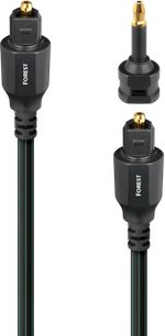Vedere de aproape din față a celor două conectoare Toslink și a adaptorului mini-Toslink al cablului Audioquest Forest optic de 8 m, cu manta neagră din plastic striată cu verde, corp negru și capete optice aurii