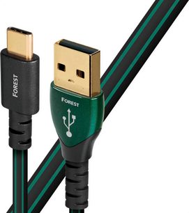 Аудіо USB-кабель Audioquest Forest зелено-золотого кольору, чорні роз’єми USB-A та USB-C, зелена плетена оплетка, довжина 0,75 метра