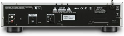 Bagside af en sort Denon DCD-520AE CD-afspiller med digitale og analoge lydstik, kontrolport og afbryder