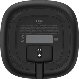 Trådløs, tilsluttet Sonos One (Gen 2) højttaler i mat sort, set forfra, cylindrisk form, sort gitter, knapper på toppen