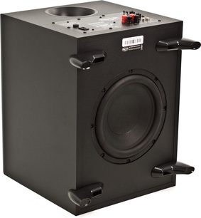 Klipsch SW-450 must bassikõlar, vaade eest, kõlari, reguleerimise nuppude ja tagaküljel olevate ühendustega