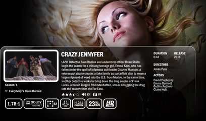 Billede af blond kvinde med blå øjne og lyserøde læber, langt bølget hår, blikket vendt opad, på plakat for tv-serie