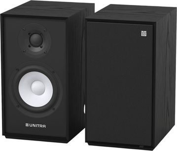 Dvě knihovnové reproduktory Unitra ZGB-401 z černého jasanového dřeva, tři čtvrtiny, jeden s mřížkou, druhý s bílým tweeterem a wooferem