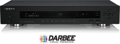 OPPO BDP-103 sort Blu-ray-afspiller, frontvisning, digitalt display, knapper og stik på frontpanelet