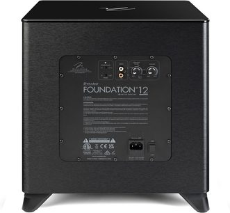 Subwoofer Dynamo Foundation 12, vista posteriore, pannello di connessione rettangolare con porte, pulsanti e iscrizioni, piedini inclinati
