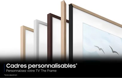 Samsung The Frame TQ43LS03HE med tilpasselige rammer i beige, hvid, brun, lyst træ og sort set fra siden