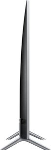 Samsung QE65Q64R-fladskærms-tv, set fra siden, flad skærm, mørk gråmetal ramme og fod i omvendt Y-form