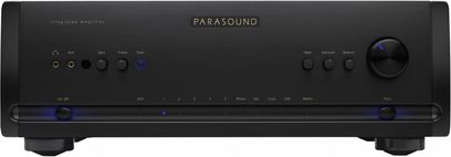 Integreret Parasound HALO INTEGRATED stereoforstærker i sort, set forfra, sort front med knapper og stik