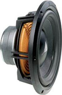 Triangle Meteor 0.5 WiFi sort subwoofer, frontvisning i nærbillede, synlig højttaler bag metalrist