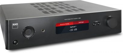 NAD C368 stereoforstærker i grafit, sort front, set forfra, rødt display "-20 dB", knapper og stik på fronten