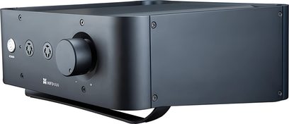 High-fidelity headphone preamplifier Jade II, black rectangular casing, central circular knob, 2 front connectors