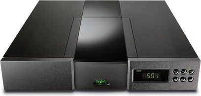 Naim Audio CDS3 sort CD-afspiller, set forfra, bestående af 3 rektangulære moduler stablet oven på hinanden med grøn skærm og knap