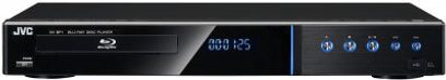 JVC XV-BP1E sort 4K Blu-ray-afspiller, glasfacade, blåt display, 5 trykfølsomme knapper, diskåbning
