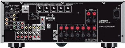 Yamaha RX-A730 zwarte home cinema-versterker, voorzijde, talrijke audio/video-aansluitingen, instelknoppen en -draaiknoppen