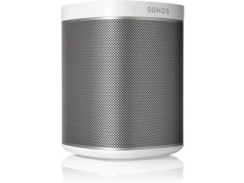 Trådløs, tilsluttet Sonos Play 1 højttaler i hvid, cylindrisk form med perforeret metalrist over hele overfladen, Sonos-logo øverst