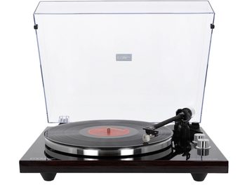 Platine vinyles hi-fi Enova HIFI Vision 3 USB noyer foncé, vue de dessus, couvercle ouvert, bras de lecture, plateau noir