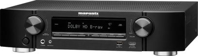 Marantz NR1509 sort home cinema-forstærker, børstet aluminiumsfront, LCD-display, knapper, drejeknapper, hovedtelefonstik, USB