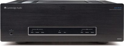 Výkonový zesilovač Cambridge Audio Azur 851W černý, přední panel, pohled zepředu, dva knoflíky a čtyři konektory
