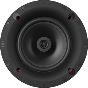 Klipsch CS-18-C Sky Hook schwarze Decken-Einbaulautsprecherbox, Frontansicht mit zentralem Lautsprecher und roten Befestigungen