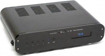 Lector Audio DIGITUBE S-192/DSD musta äänimuunnin edestä kuvattuna, 4 painiketta, sininen näyttö, ilmanvaihtoaukko
