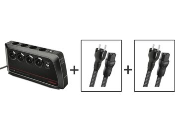 Zwarte Audioquest PowerQuest 3 stekkerdoos met 4 stopcontacten, 2 USB-poorten, schakelaar, 2 NRG-Y3 1m kabels