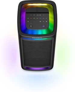 Cassa Bluetooth portatile Sony ULT Tower 9 nera in plastica con griglia frontale in metallo ed illuminazione LED multicolore intorno al pannello di controllo superiore, vista dall’alto a tre quarti frontale