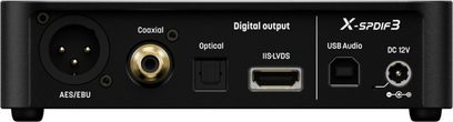 Matrix Audio X‑SPDIF3 sort aluminiums audio-konverter, bagsidevisning, XLR AES/EBU-stik, forgyldt coaxial, firkantet optisk, HDMI IIS‑LVDS, USB‑B og 12 V DC-indgang