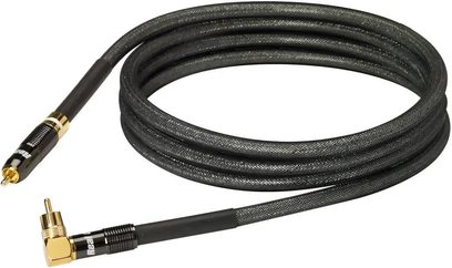 Kabel subwoofera SUB1801 7,5m czarny, pozłacane złącza RCA, oplot z tkaniny, widok zwinięty, widoczne końcówki