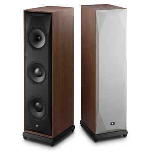 Підлогова акустична система Mofi Electronics SourcePoint 888, горіх, вигляд спереду з грилем і без нього, дерев’яний корпус і чорна передня панель