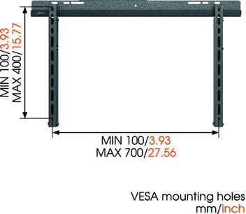 Sort vægmonteringsskinne Vogel's Wall 1315, set forfra, minimums- og maksimumdimensioner angivet i mm/tommer