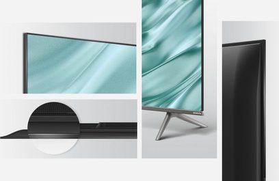 TCL 55QLED760 2022 TV set forfra og fra siden, flad skærm, smal sort ramme, centralt sølvfarvet fod, turkis billede