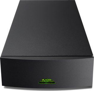 Preamplificatore phono Naim Audio SuperLine visto dall'alto, case nero, logo verde illuminato