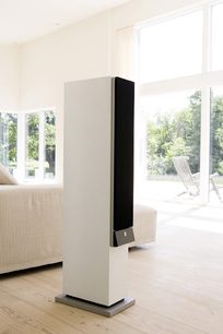 Sort og hvid System Audio Explorer gulvhøjttaler, set forfra, i et lyst interiør med glasparti