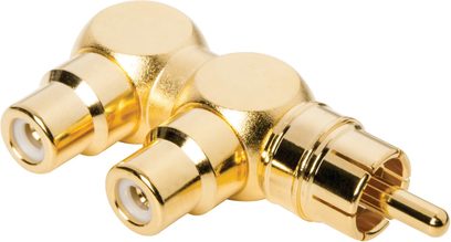 Three gold-plated cylindrical RCA connectors, connected together by a common golden base