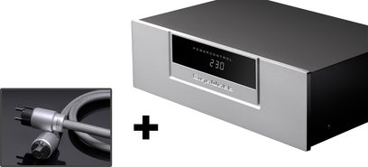 GigaWatt PowerControl sølv strømkonditioneringsanlæg med 1,5 m PowerSync Ultra-kabel, set forfra på hvid baggrund