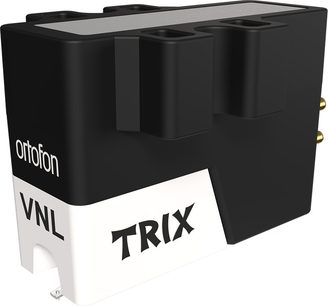 Ortofon VNL TRIX kartuş, siyah-beyaz plastik gövde, üç çeyrek açıdan görünüm, altın kaplama arka konektörler, montaj delikleri