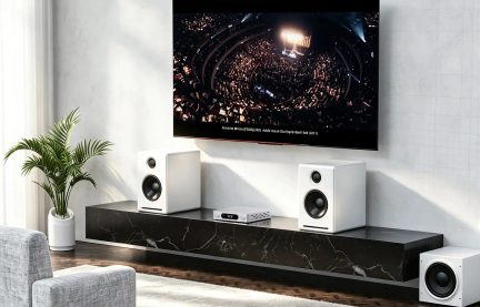 Instalación de cine en casa con televisor montado en la pared, dos altavoces blancos sobre un mueble negro y un subwoofer en el suelo