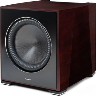XR 13 Subwoofer in Dark Cherry, three-quarter view, black front face, gray central cone, black and silver feet