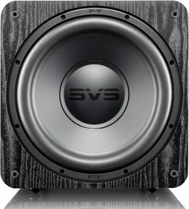 SVS SB-1000 PRO sort askebøg subwoofer, frontvisning, sort membran, SVS-logo i midten, sort askebøg finish