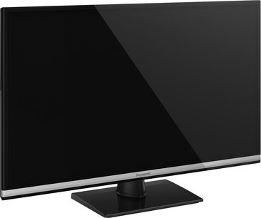 Panasonic TX-32AS600 fladskærms-tv slukket, sort flad skærm, rektangulær base, set forfra på ensfarvet sort baggrund
