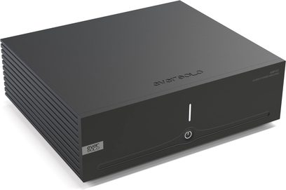 Frontbild av EverSolo AMP-F2 svart effektförstärkare, minimalistisk front med ratt och indikatorlampa