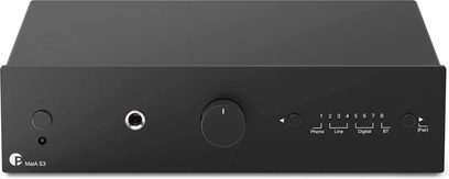 Pro-Ject MaiA S3 black stereo integrated amplifier, front view, understated front panel with large central knob and headphone jack