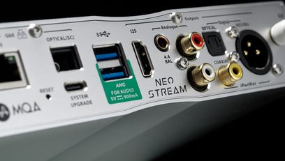Bagpanelet på en iFi Audio Neo Stream netværksaudioafspiller med USB-, HDMI-, Ethernet-, koaksial-, optisk og analog port
