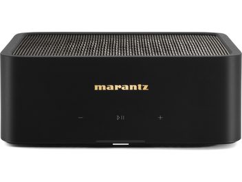 Hi-Fi Stereo Amplifier Model M1, front view, black casing, gold logo, top grille, touch buttons -/play/pause/+