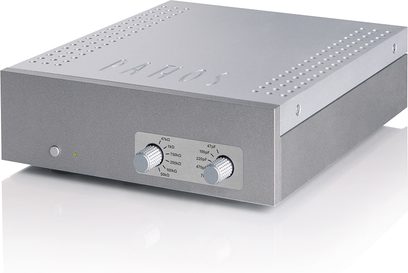 Pathos New InTheGroove sølvfarvet phono-forforstærker, rektangulært metalkabinettet i grå, frontpanel med knapper og indskrifter