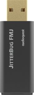 Bærbar Audioquest Jitterbug FMJ sort audio-konverter, set forfra, forgyldte USB-stik, cylindrisk metalkabinetdesign