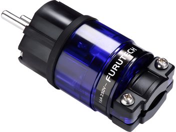 Адаптер живлення Furutech FI-11-N1 (R) з прозоро-синього та чорного пластику, два металеві штирі, вигляд під кутом